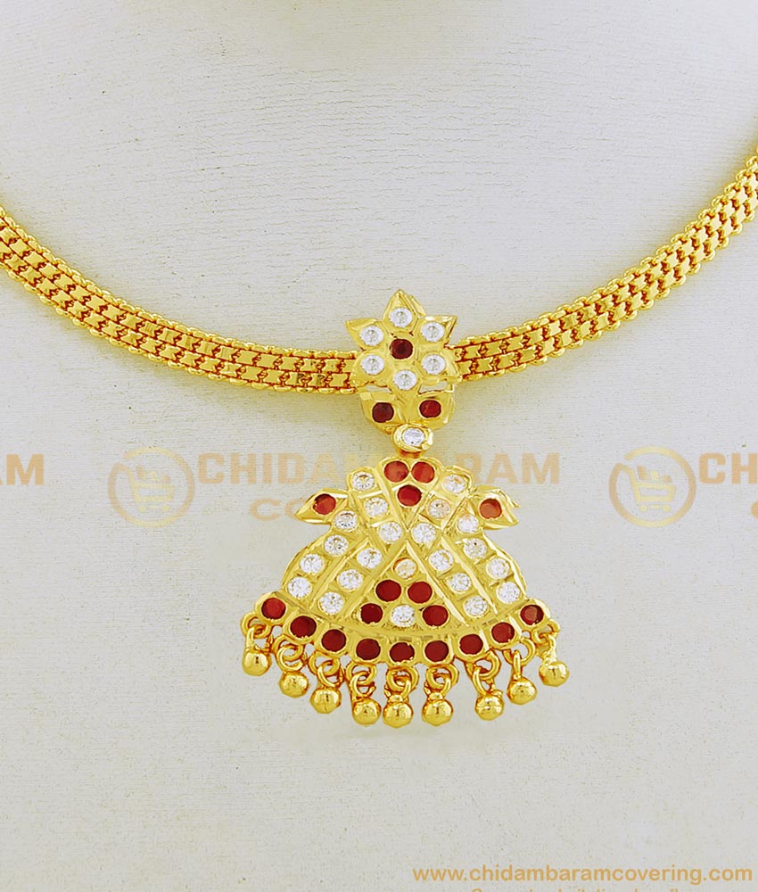 NLC653 - Impon Five Metal White and Ruby Stone Gold Plated Attigai Necklace for Women 