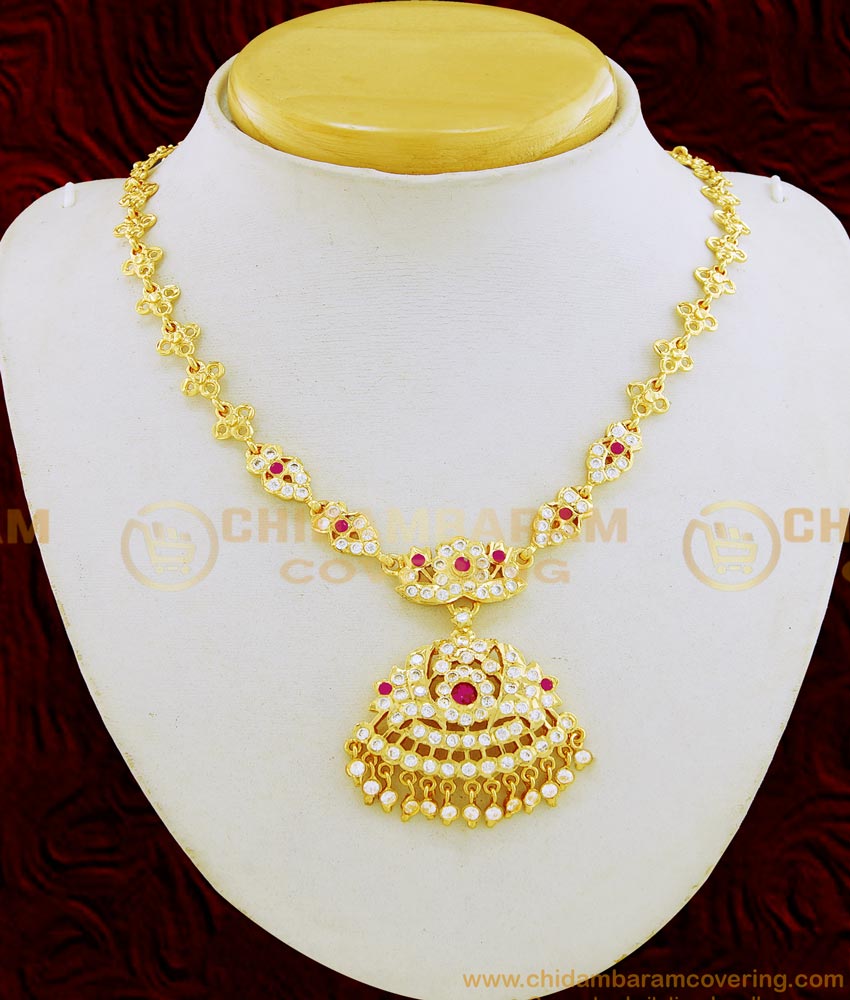 NLC662 - Latest Design Impon Attigai Necklace White and Pink Stone Gold Design Necklace Guaranteed Jewellery