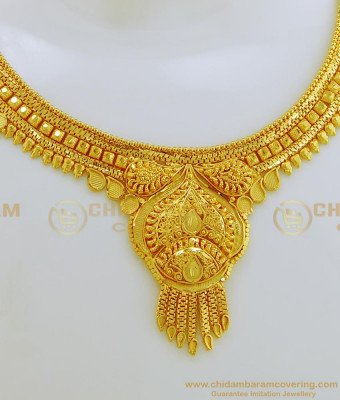 NLC667 - Traditional Gold Necklace Design First Quality Gold Forming Plain Necklace with Earring Combo Set