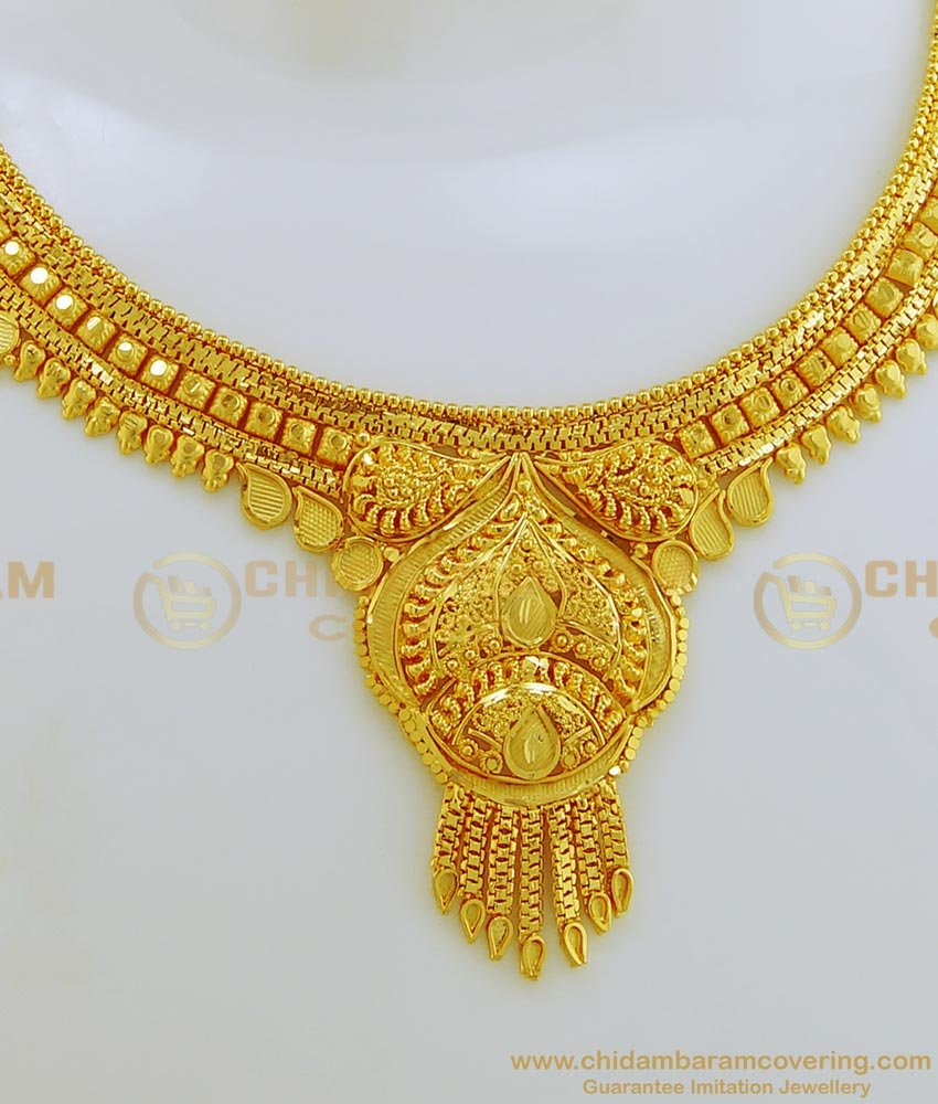 NLC667 - Traditional Gold Necklace Design First Quality Gold Forming Plain Necklace with Earring Combo Set