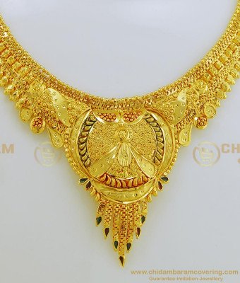 NLC669 - Bridal Wear First Quality Enamel Forming Gold Necklace with Earring Combo Set For Wedding