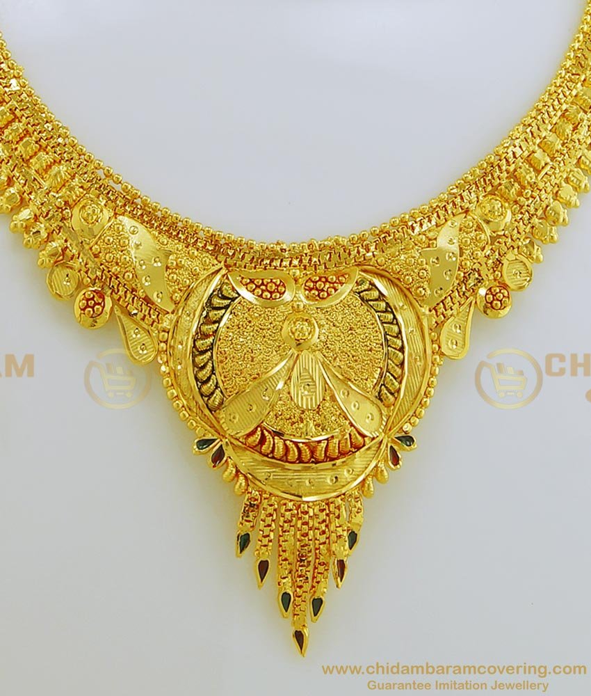 NLC669 - Bridal Wear First Quality Enamel Forming Gold Necklace with Earring Combo Set For Wedding