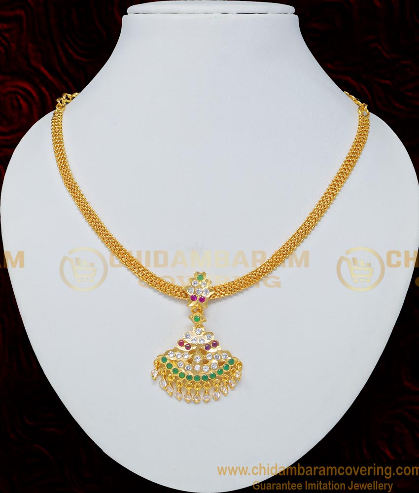 NLC681 - Impon Multi Color Stone Thick Metal Attigai Necklace for Women