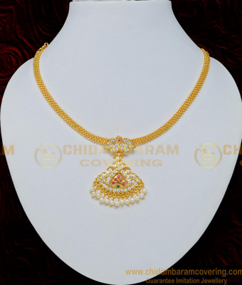 NLC687 - Bridal Wear Impon White Beads Necklace Five Metal Jewellery 