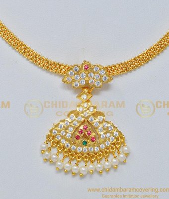 NLC687 - Bridal Wear Impon White Beads Necklace Five Metal Jewellery 
