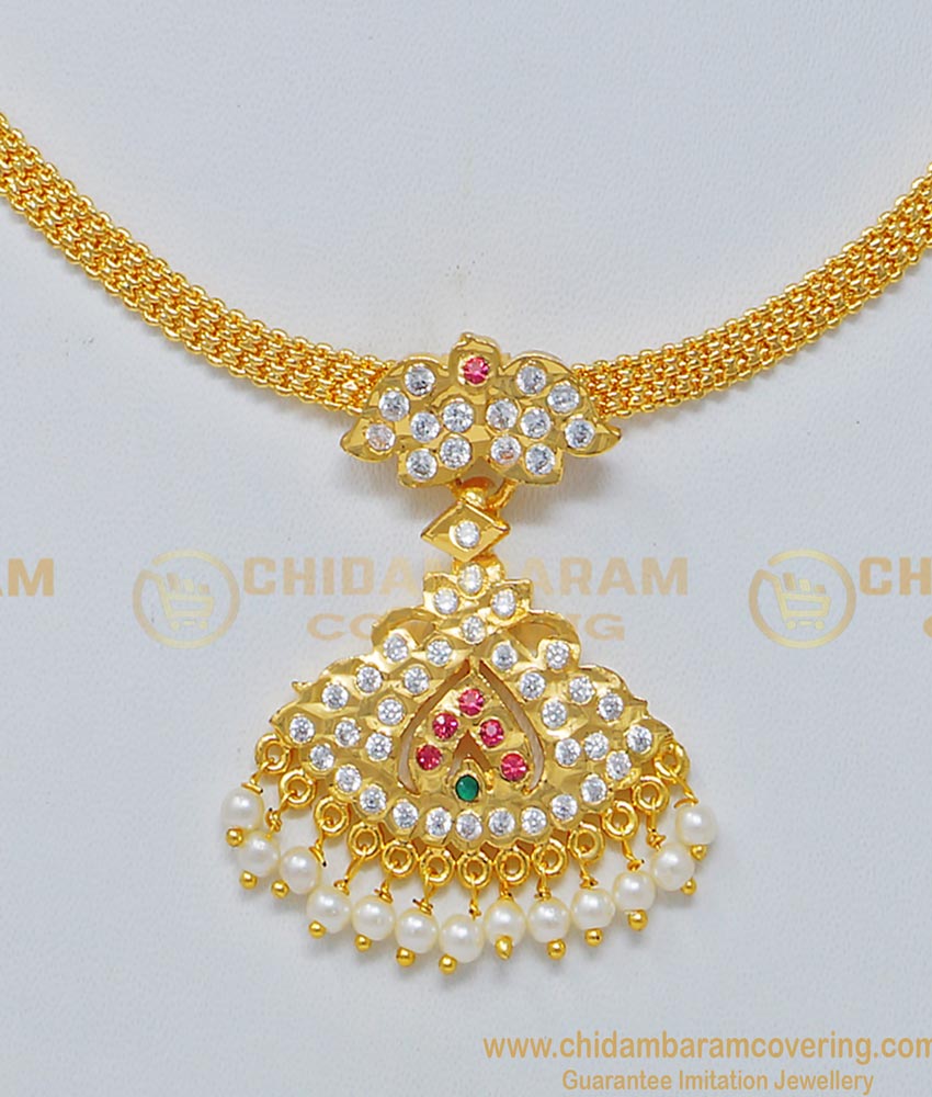 NLC687 - Bridal Wear Impon White Beads Necklace Five Metal Jewellery 