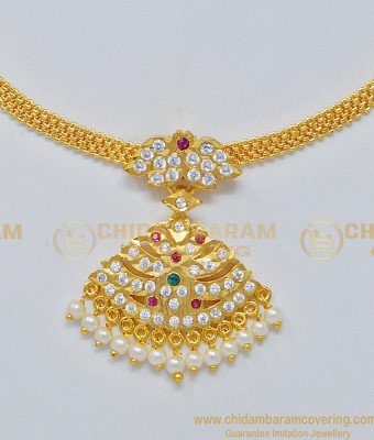 NLC688 - Elegant Impon Multi Stone White Pearl Necklace New Model Impon Attigai Online   
