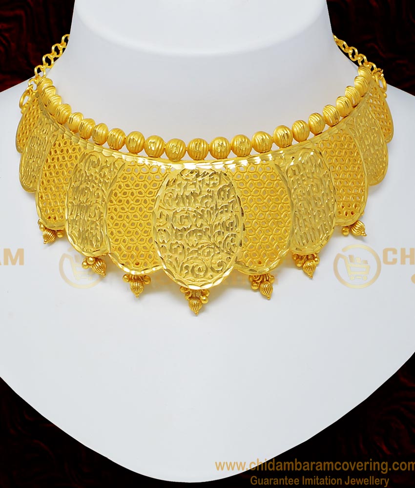 NLC702 - Gold Forming Choker Necklace Light Weight Real Gold Choker Necklace Set for Marriage