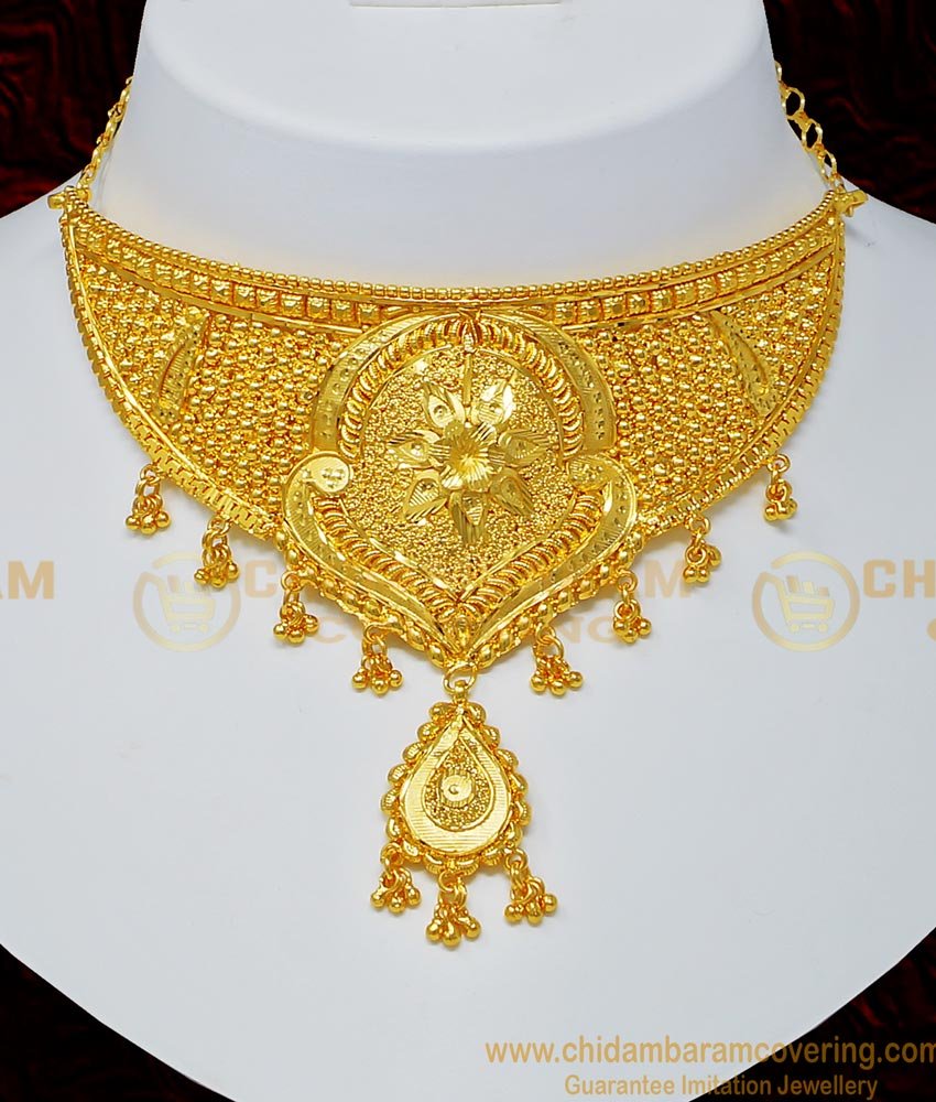 NLC704 - Real Gold Design Gold Plated Medium Size Choker Necklace with Earring Online  