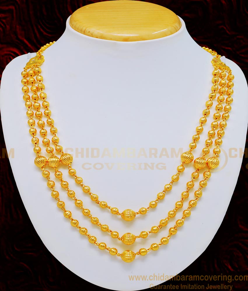 NLC718 - Beautiful 3 Layer Gold Beads Chain Necklace Design One Gram Gold Necklace for Women