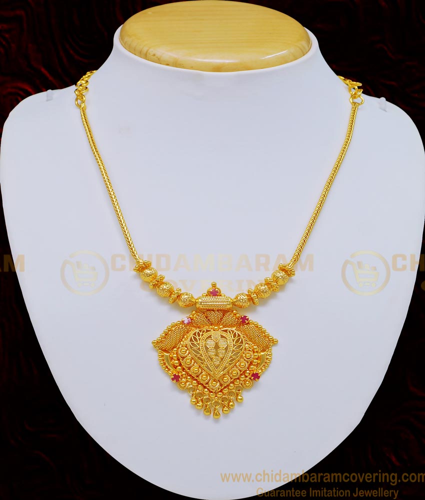 NLC719 - Traditional Kerala Pattern Ruby Stone Net Design Gold Plated Necklace for Ladies