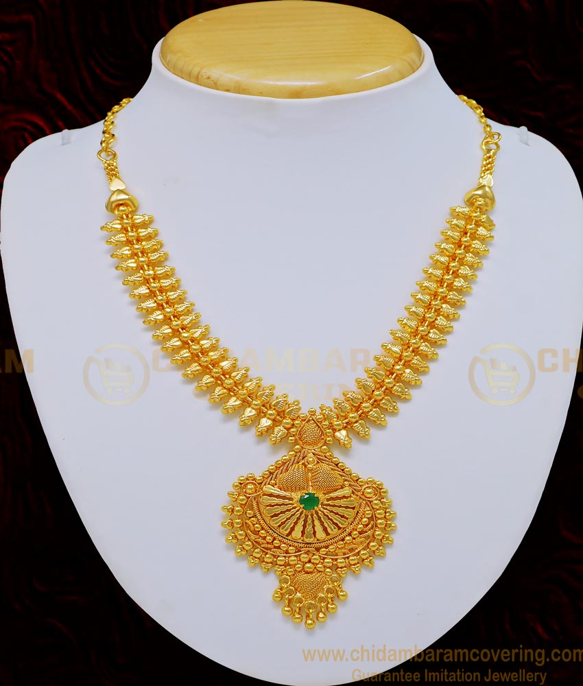 NLC731 - Bridal Wear Pure Gold Plated Gold Design Single Emerald Stone Guaranteed Necklace Buy Online