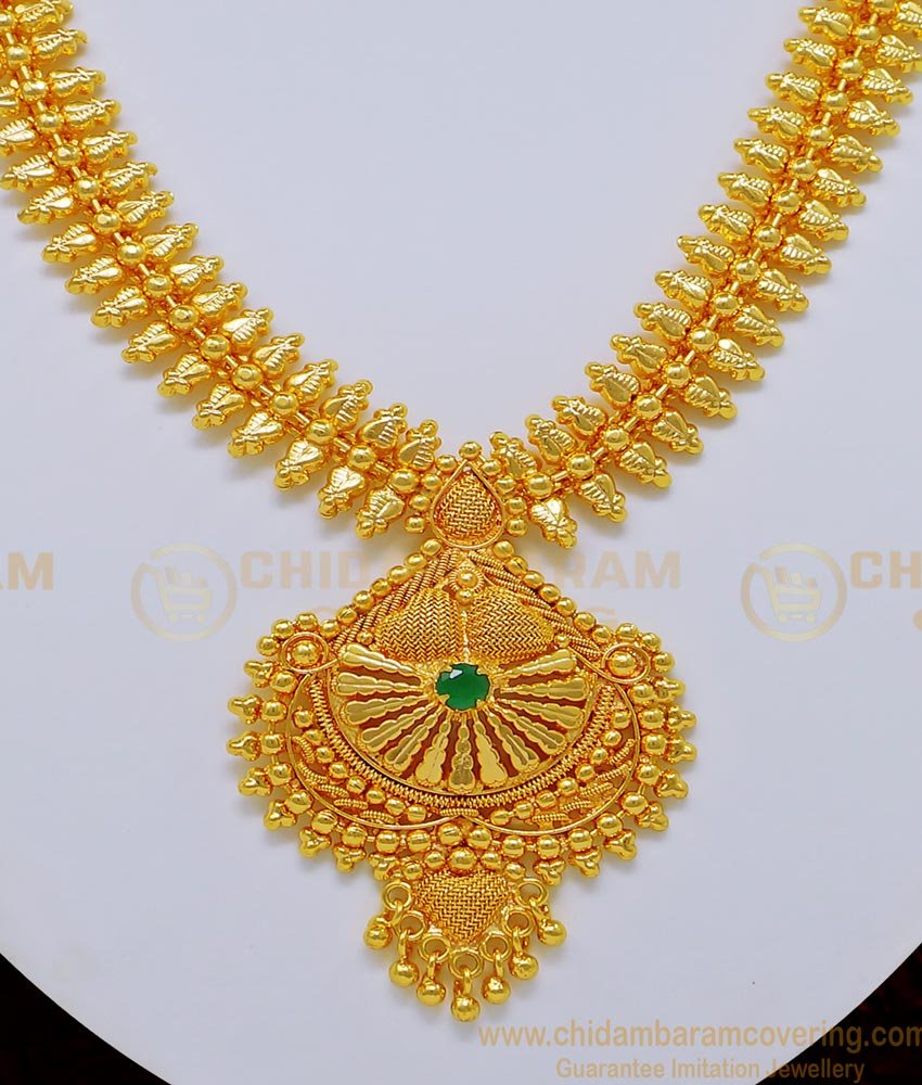 NLC731 - Bridal Wear Pure Gold Plated Gold Design Single Emerald Stone Guaranteed Necklace Buy Online