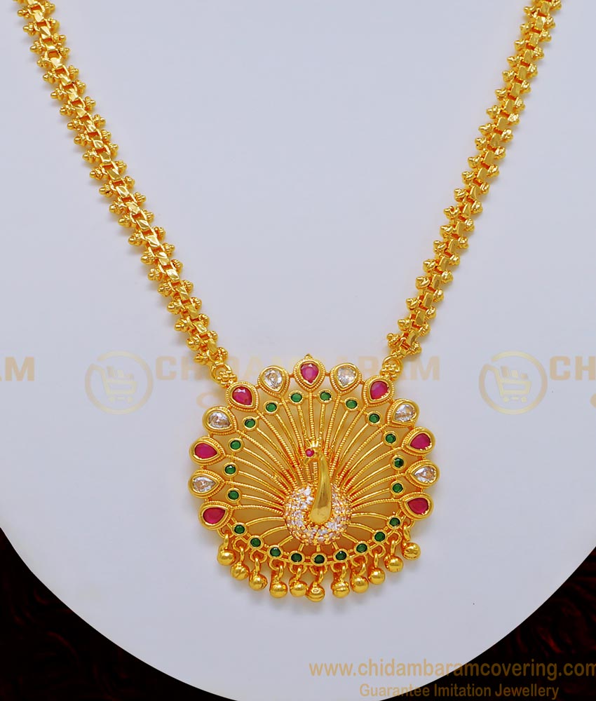 NLC732 - Attractive Look Multi Stone Peacock Pendant Design Gold Plated Necklace for Ladies 