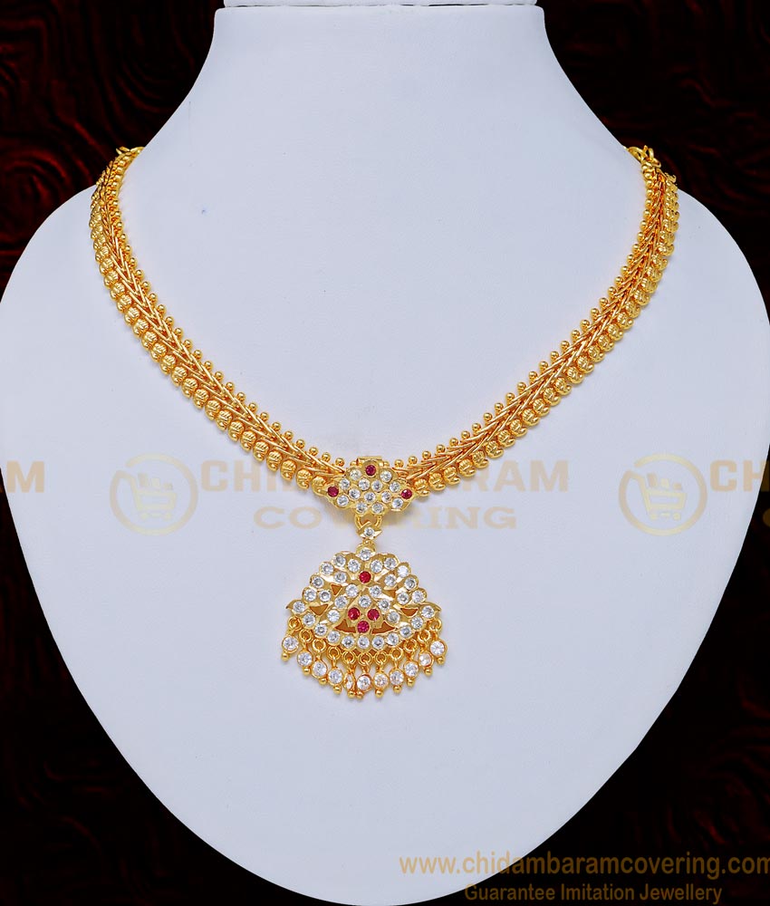 NLC738 - Impon Gold Plated White and Ruby Stone South Indian Attigai Necklace For Women 