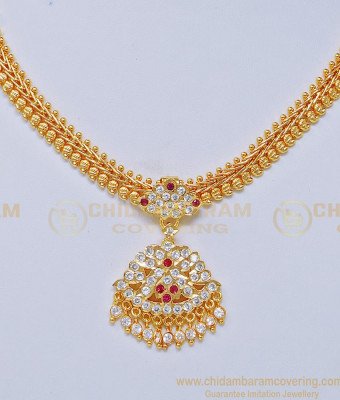 NLC738 - Impon Gold Plated White and Ruby Stone South Indian Attigai Necklace For Women 