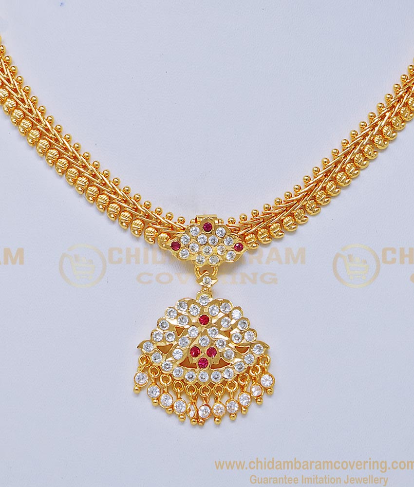 NLC738 - Impon Gold Plated White and Ruby Stone South Indian Attigai Necklace For Women 