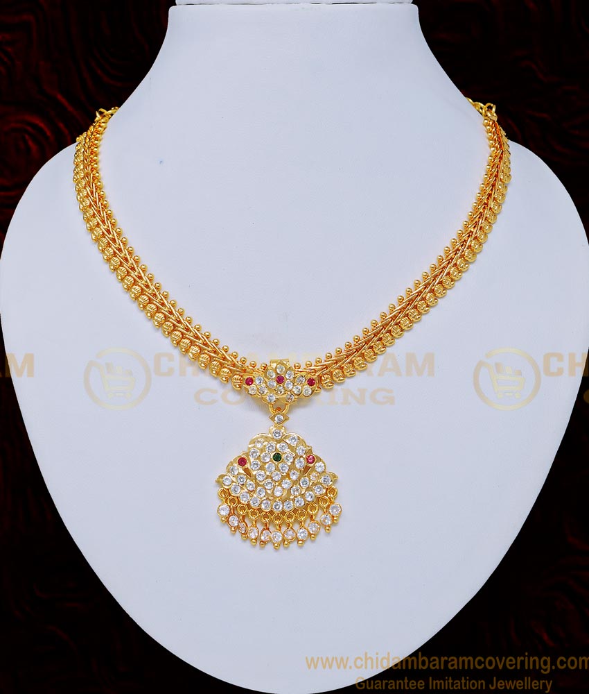 NLC739 - Traditional Impon Attigai White Stone with Mango Design Chain Necklace Impon Jewelry Online  