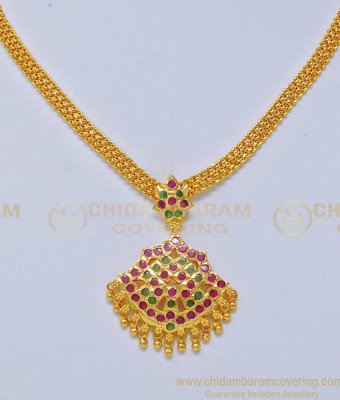 NLC740 - Impon Ruby Emerald Stone One Gram Gold Thick Metal Attigai Necklace for Women