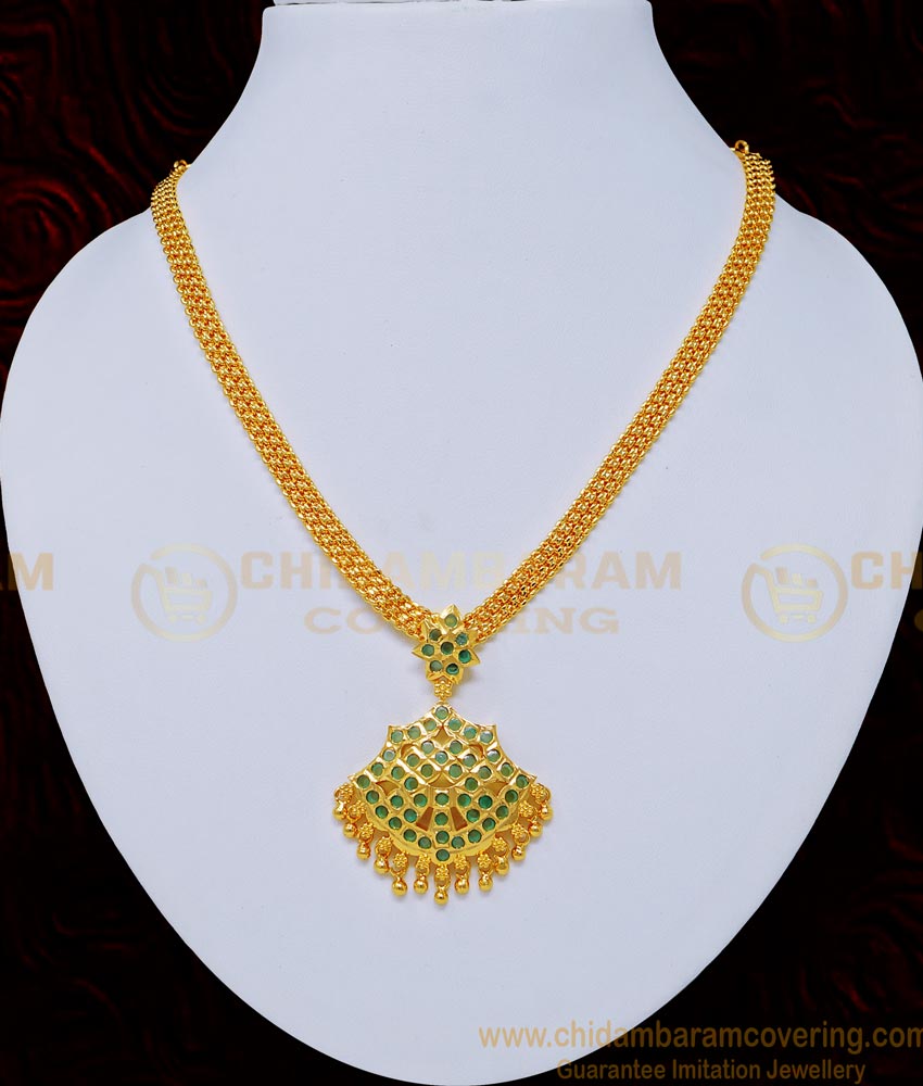 NLC741 - South Indian Wedding Jewellery Full Emerald Stone with Gold Beads Dollar Attigai Necklace Online 