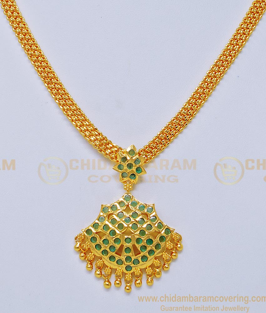 NLC741 - South Indian Wedding Jewellery Full Emerald Stone with Gold Beads Dollar Attigai Necklace Online 