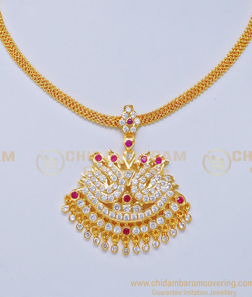 NLC745 - Traditional Impon Stone Double Swan Old Model Attigai Necklace for Women 