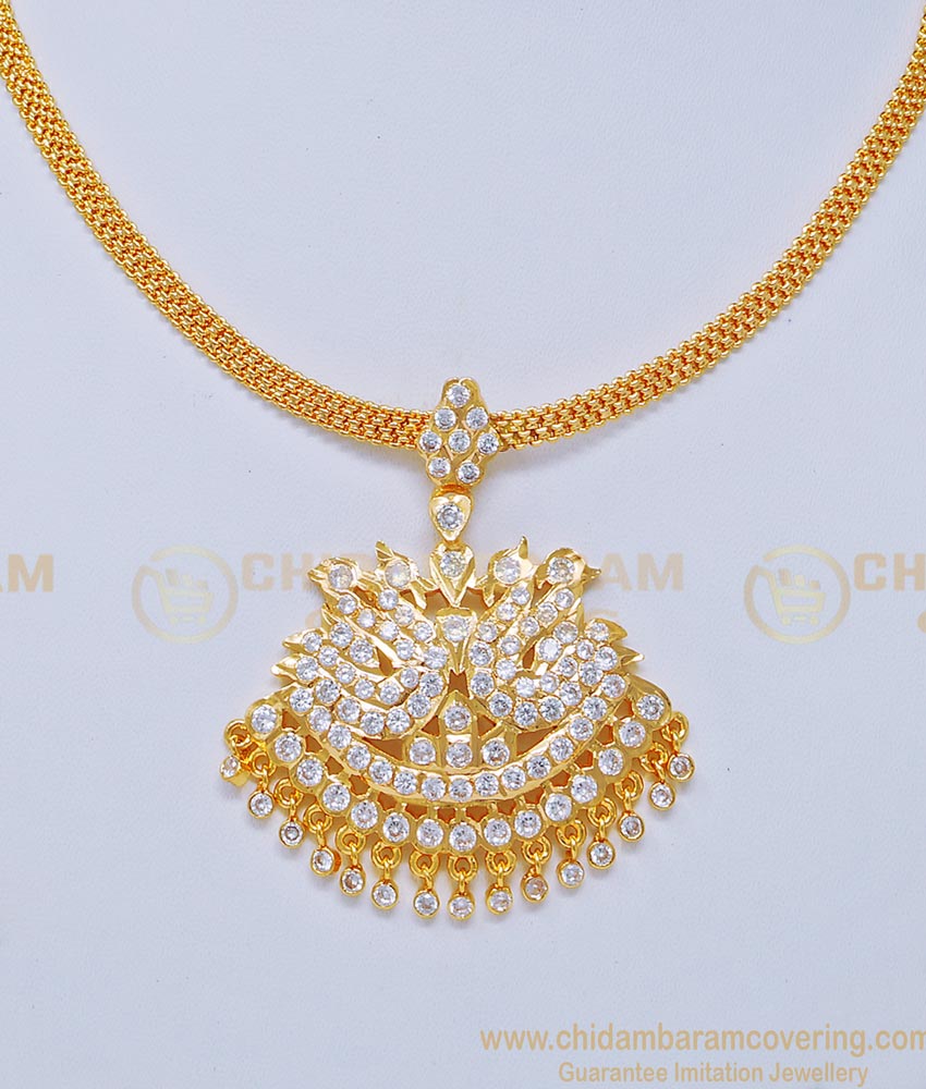 NLC746 - Real Gold Design Impon White Stone Necklace Gold Plated Wedding Attigai Online 