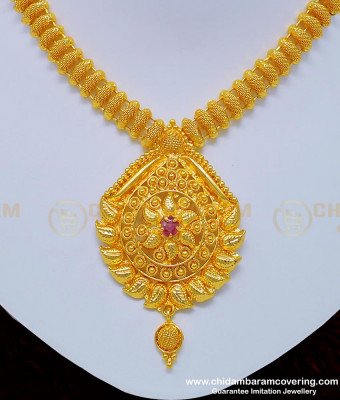 NLC751 - One Gram Gold Plated First Quality Gold Design Ruby Stone Pendant Necklace 
