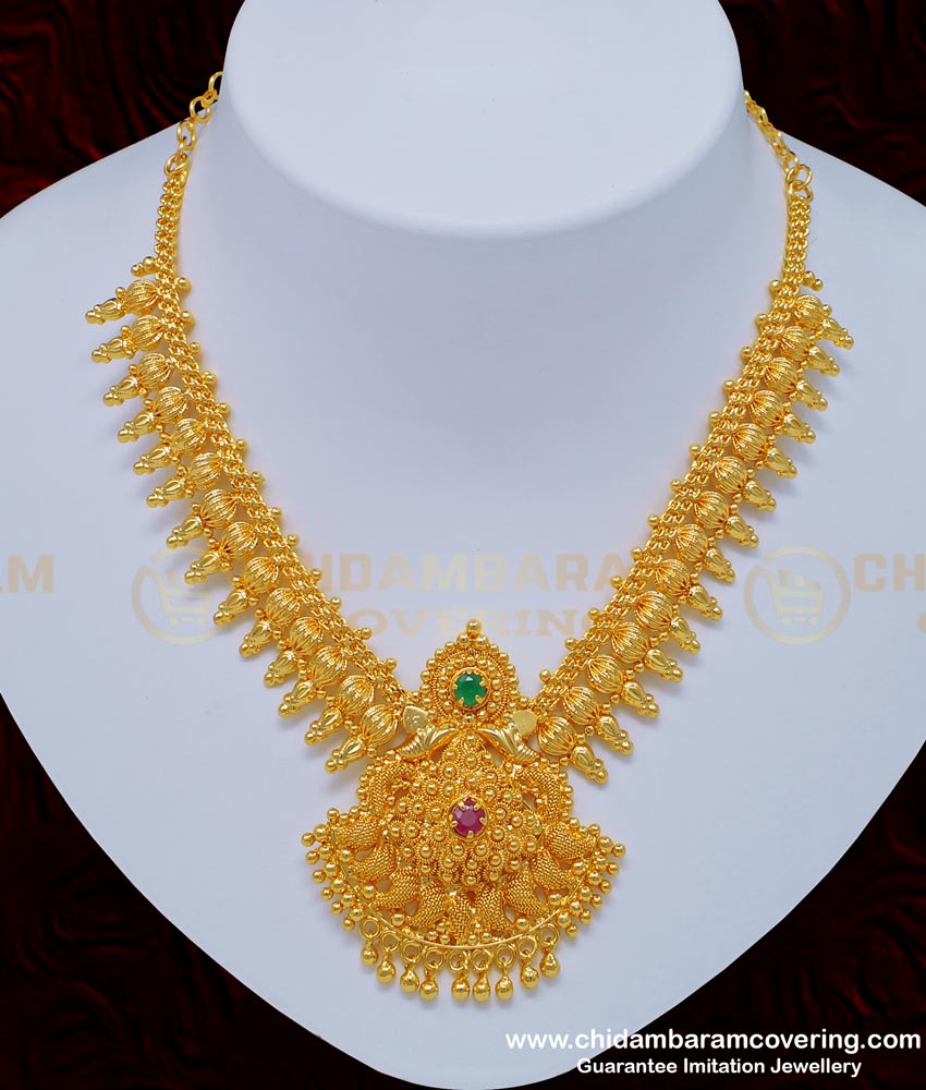 NLC753 - Latest Bridal Wear Ruby Emerald Stone Necklace 1 Gram Gold Jewellery Online