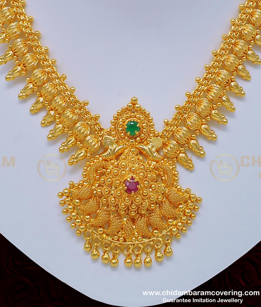 NLC753 - Latest Bridal Wear Ruby Emerald Stone Necklace 1 Gram Gold Jewellery Online