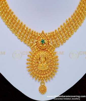 NLC757 - Beautiful Lakshmi Design Emerald Stone Marriage Bridal Gold Necklace Designs Buy Online