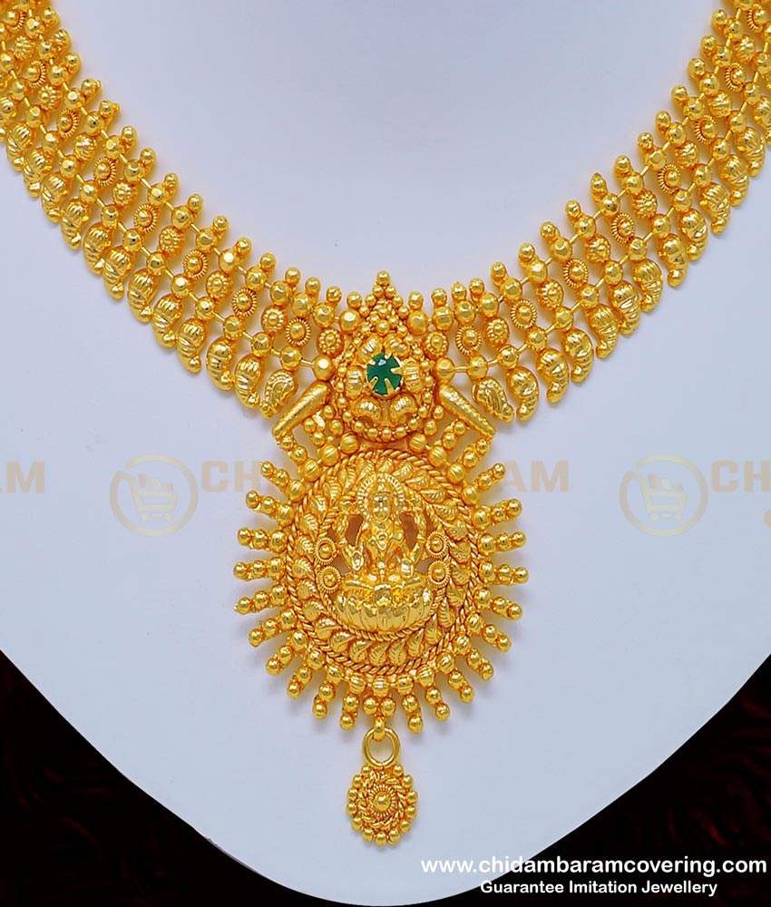 NLC757 - Beautiful Lakshmi Design Emerald Stone Marriage Bridal Gold Necklace Designs Buy Online