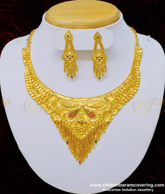 NLC759 - One Gram Gold Forming Jewellery Enamel Wedding Gold Necklace and Earring Set for Women 