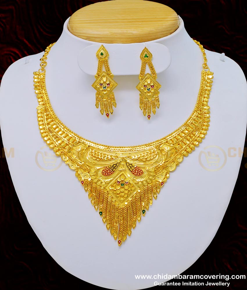 NLC759 - One Gram Gold Forming Jewellery Enamel Wedding Gold Necklace and Earring Set for Women 