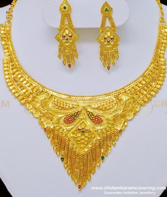 NLC759 - One Gram Gold Forming Jewellery Enamel Wedding Gold Necklace and Earring Set for Women 