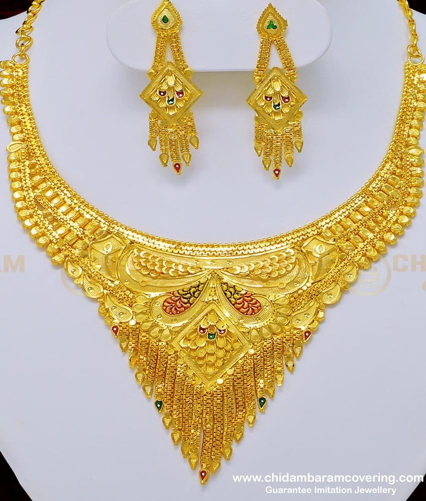 NLC759 - One Gram Gold Forming Jewellery Enamel Wedding Gold Necklace and Earring Set for Women 
