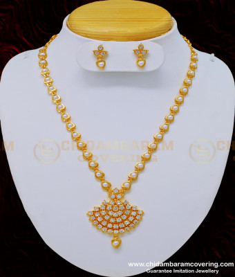 NLC760 - Beautiful One Gram Gold Pearl Necklace Party Wear White Stone Necklace Set Online