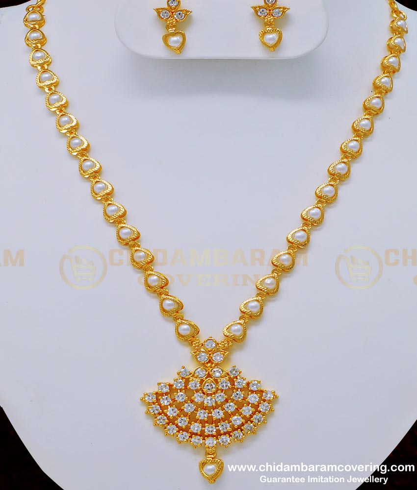 NLC760 - Beautiful One Gram Gold Pearl Necklace Party Wear White Stone Necklace Set Online