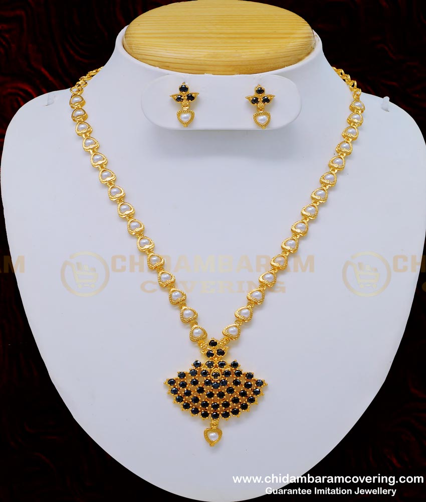 NLC761 - Trendy White Pearl with Black Stone Pendant Party Wear Necklace Earring Set Online