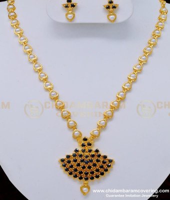 NLC761 - Trendy White Pearl with Black Stone Pendant Party Wear Necklace Earring Set Online