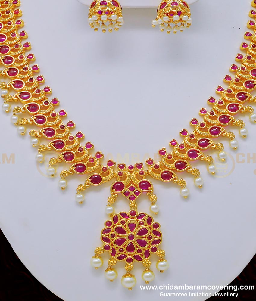 NLC763 - 1 Gram Gold Attractive Peacock Design Kemp Stone High Quality Pearl Necklace Set   
