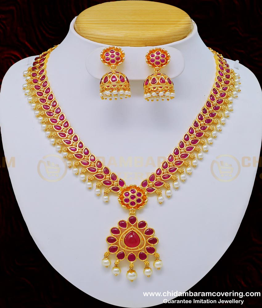 NLC764 - Beautiful Kemp Stone High Quality Bridal Pearl Jewellery Necklace Set for Silk Saree   