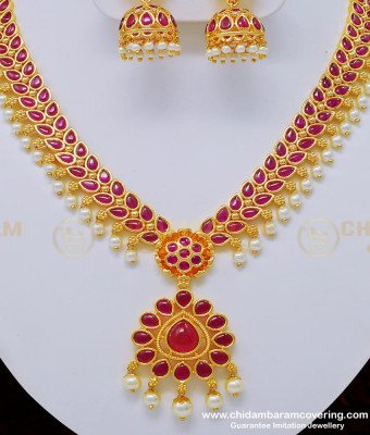 NLC764 - Beautiful Kemp Stone High Quality Bridal Pearl Jewellery Necklace Set for Silk Saree   