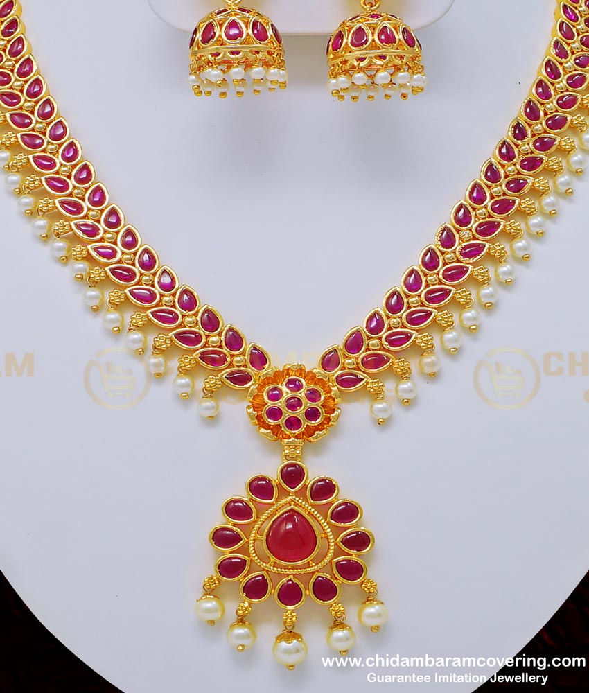 NLC764 - Beautiful Kemp Stone High Quality Bridal Pearl Jewellery Necklace Set for Silk Saree   