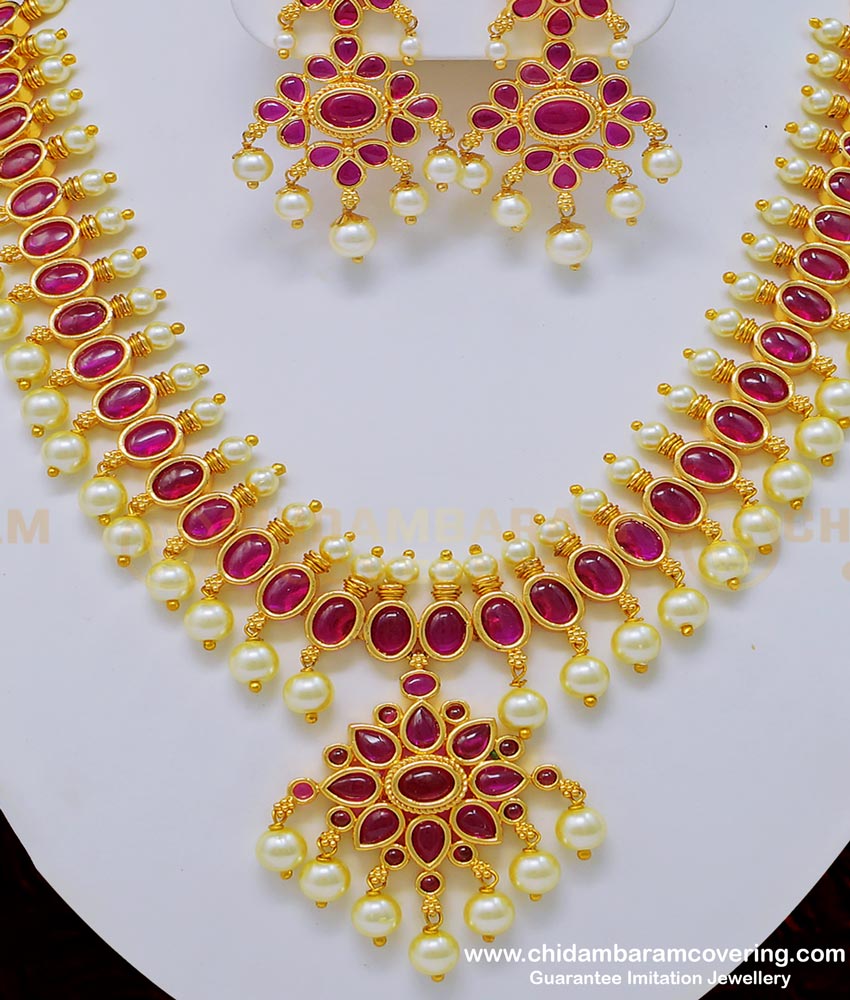 NLC765 - Indian Wedding Heavy Kemp Stone High Quality Gold Plated Pearl Necklace With Earrings Online   