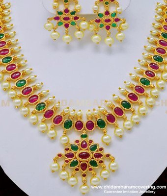 NLC766 - Traditional Pearl Necklace with Earring Heavy Ruby Emerald Kemp Stone Gold Plated Jewellery    