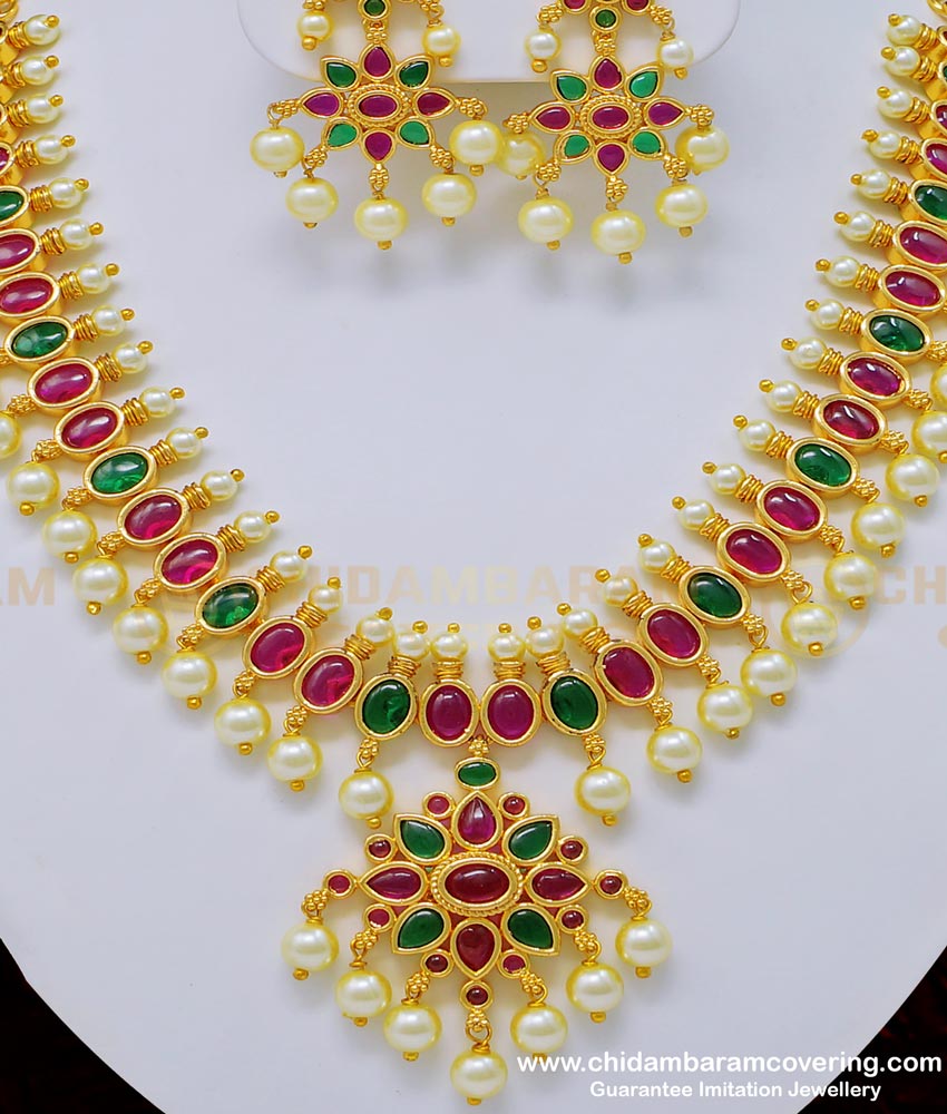 NLC766 - Traditional Pearl Necklace with Earring Heavy Ruby Emerald Kemp Stone Gold Plated Jewellery    