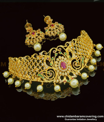 NLC768 - Attractive American Diamond Multi Stone Peacock Design Small Choker Necklace Set Online