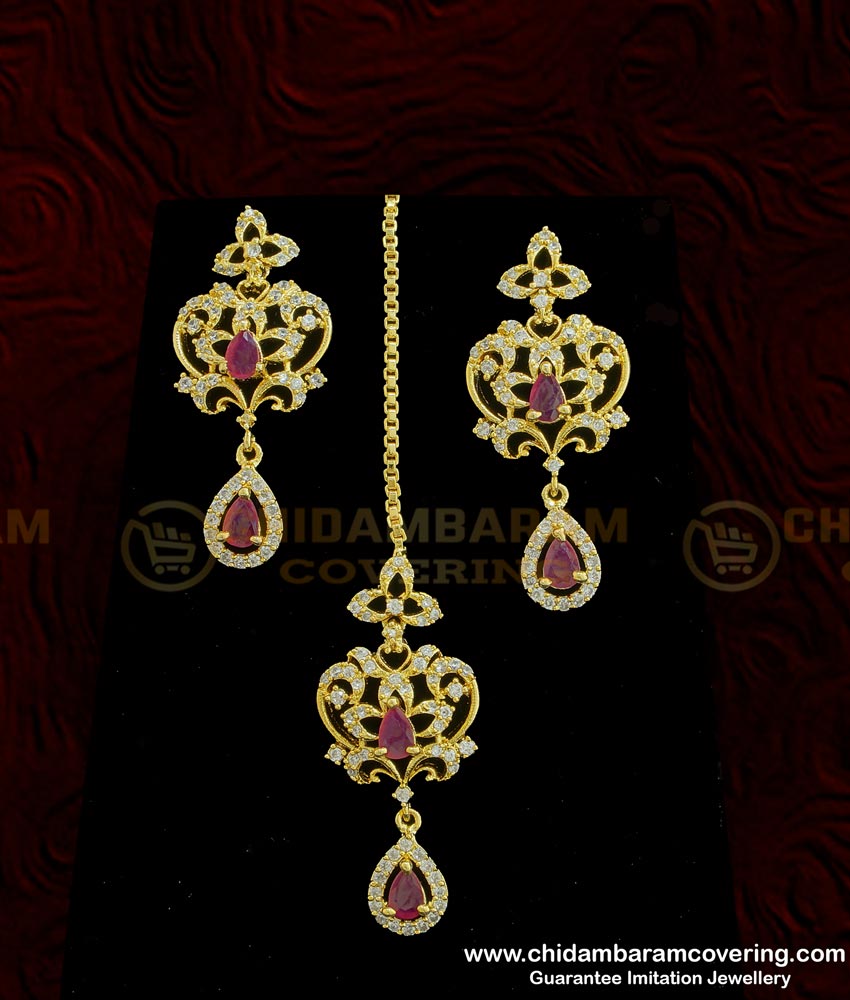 NLC769 - Bridal Wear American Diamond White and Ruby 1 Gram Gold Imitation Choker Necklace Set