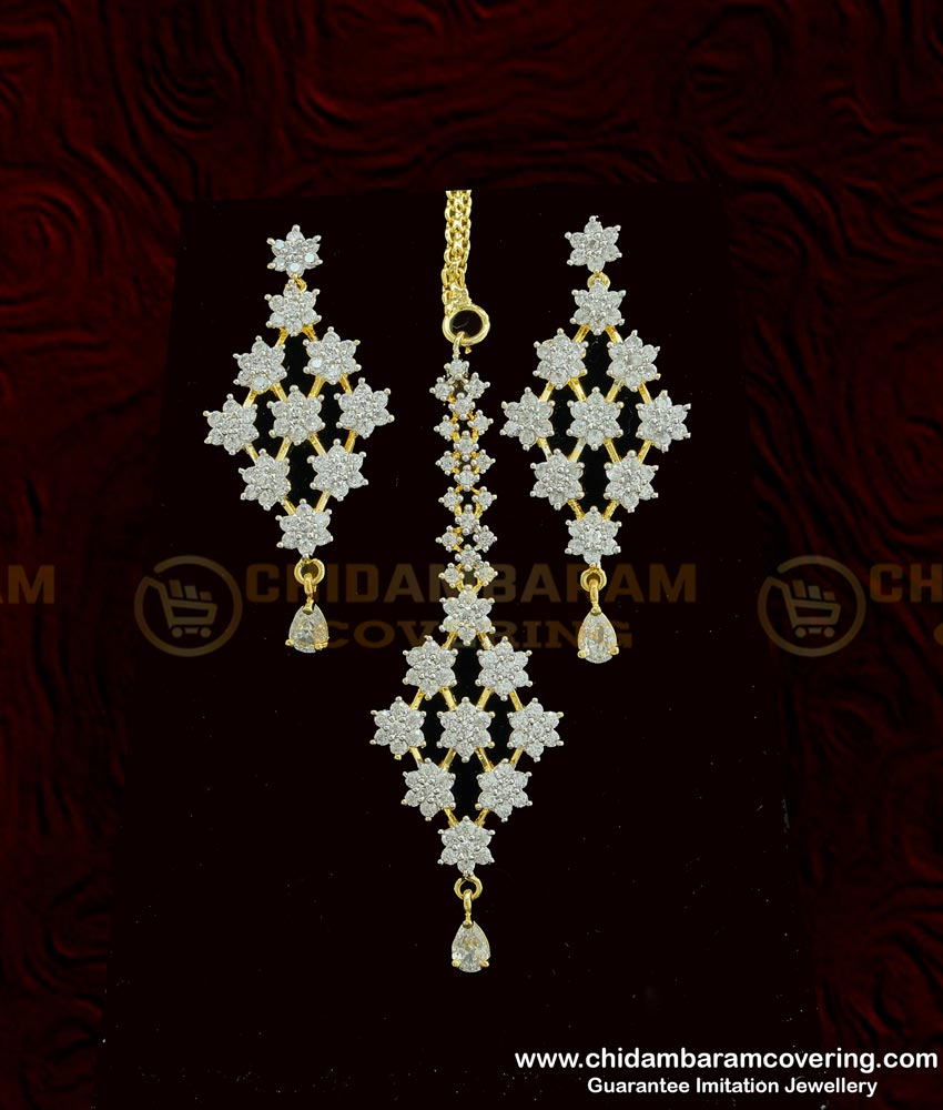 NLC770 - Elegant Modern Platinum Diamond Necklace White Stone One Gram Gold Choker Necklace Set  